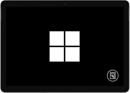 Musta näyttö, jossa on Windows-logo ja näytön välimuistikuvake.