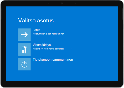 Sininen näyttö, jossa on vaihtoehtoja tietokoneen jatkamiseen, vianmääritykseen tai sammuttamiseen.