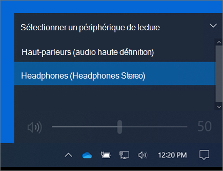 Sélection de l’appareil de lecture sur le contrôle de volume de la barre des tâches.