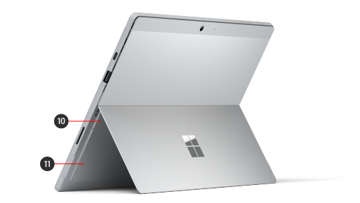 The back of a Surface Pro 7+ device with numbers indicating the hardware features.