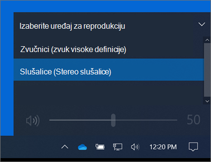 Izbor uređaja za reprodukciju na kontroli jačine zvuka na traci zadataka.