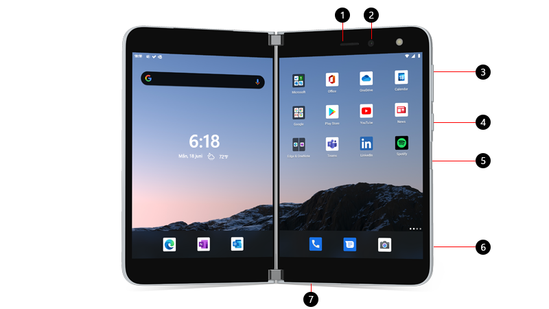 Surface Duo med bildtext för knappar och portar