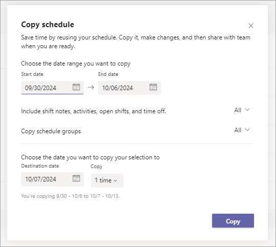 لقطة شاشة لمربع حوار Copy schedule في Shifts، تعرض خيارات لنسخ جدول زمني.