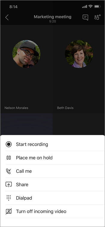 قائمة في اجتماع مع خيارات لبدء التسجيل، ضع نفسك في الانتظار أو اتصل بنفسك أو شارك لوحة الطلب أو أوقف تشغيل الفيديو الوارد.