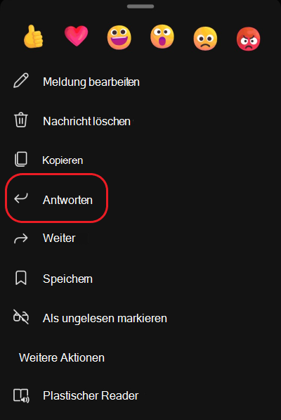 Ein rotes Feld markiert die zweite Option im Menü "Weitere Optionen", nämlich "Antworten".