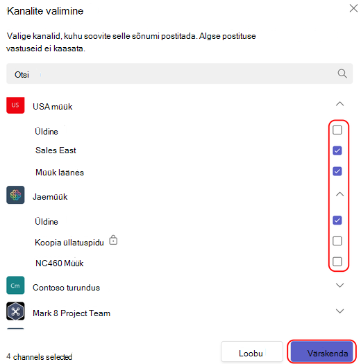 Valige kanalid, kus postitada.
