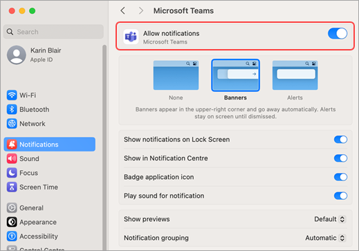 Les paramètres système Mac autorisent les notifications Microsoft Teams