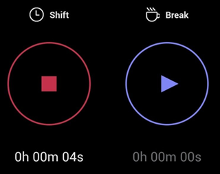 Shift ir break time counter and buttons on Shifts mobile ekrano kopija