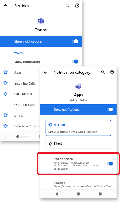 Paveikslėlyje rodoma, kaip leisti iššokantįjį ekraną pranešimams programoje "Microsoft Teams"