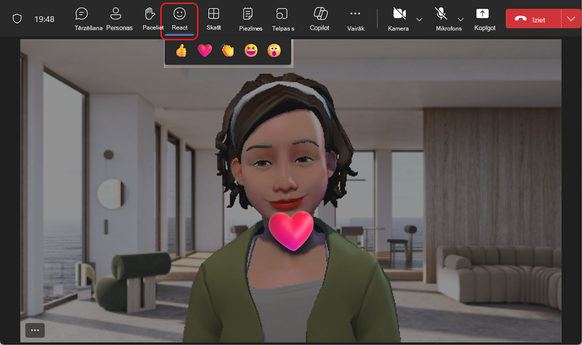 Avatāri var reaģēt tieši no Teams sapulces izvēlnes