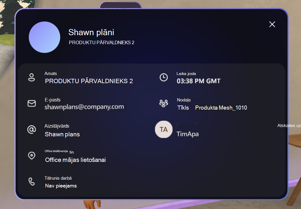 Kontaktpersonas vizītkartes ekrānuzņēmums, kurā redzama pilna informācija par avatāru