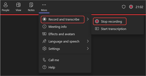 Screenshot showing how to stop recording during a webinar