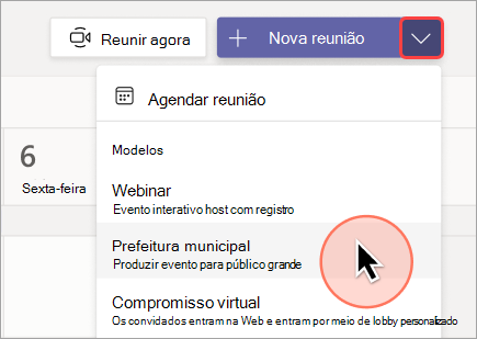 Captura de tela mostrando como criar uma nova reunião geral no Teams