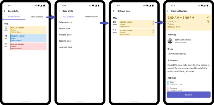 Captura de ecrã a mostrar como pedir um turno aberto noutra localização em dispositivos móveis.