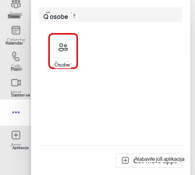 Snimak ekrana pronalaženja ikone aplikacije "Osobe" u usluzi Teams