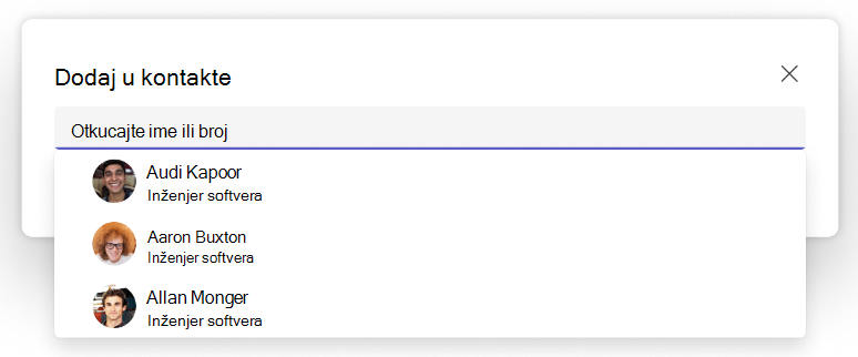 Snimak ekrana padajućeg menija "Dodavanje u kontakte" u aplikaciji "Osobe" usluge Teams