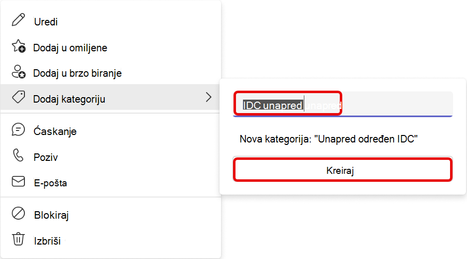 Snimak ekrana toka posla "Dodavanje kategorije" u aplikaciji "Osobe" u usluzi Teams