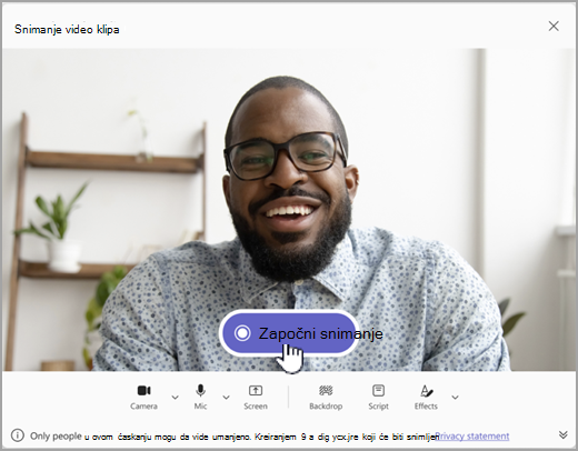 Snimak ekrana opcije za snimanje video klipa u usluzi Microsoft Teams
