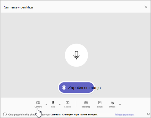 Snimak ekrana opcije za snimanje video klipa koji je samo zvuk u usluzi Microsoft Teams.