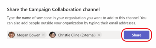 Skärmbild som visar hur du delar en kanal med interna och externa personer