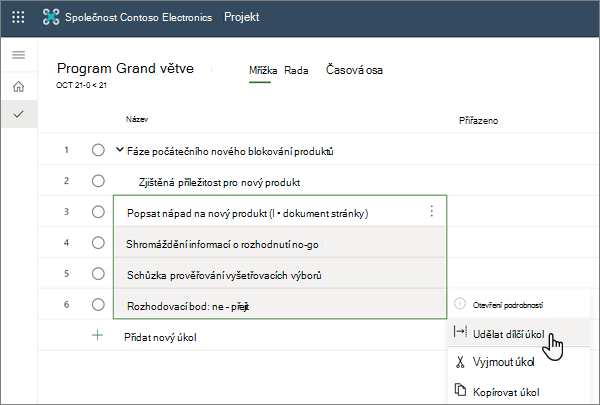 Výběr nabídky Vytvořit Sub-Task v rámci projektu v Projectu