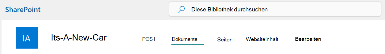 Ein Menü der oberen Leiste der SharePoint-Website mit ausgewählter Option "Dokumente".