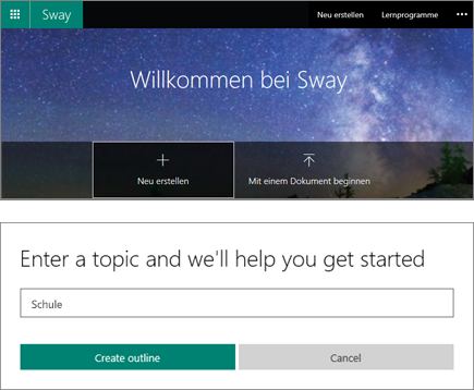 Zusammengesetzter Screenshot aus dem Bildschirm "Willkommen bei Sway" und dem Eingabebereich für das Thema "Schnellstarter"