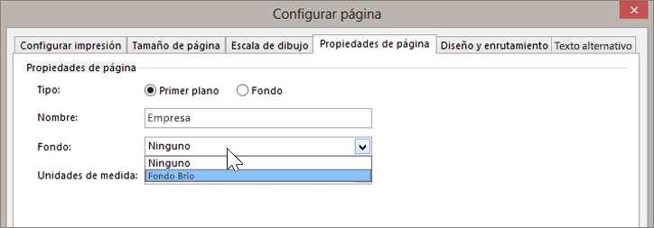 Captura de pantalla de Configurar página > Propiedades de página con el fondo Brío seleccionado en la lista desplegable Fondo