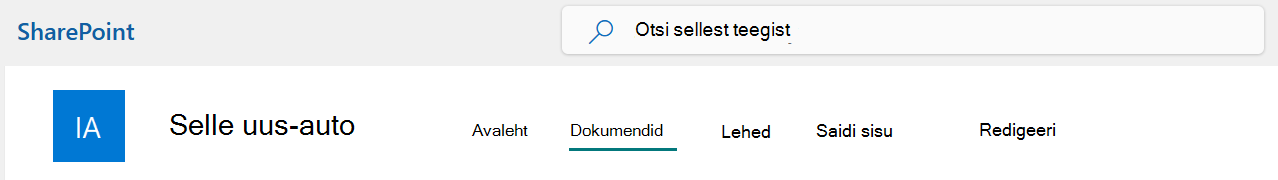 SharePointi saidi ülemise riba menüü, kus on valitud suvand Dokumendid.