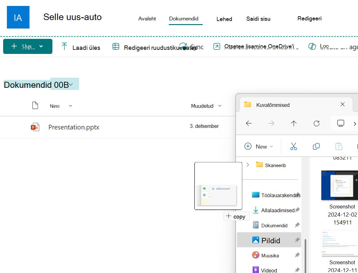 Pildifail lohistatakse Exploreri aknast SharePointi dokumenditeeki