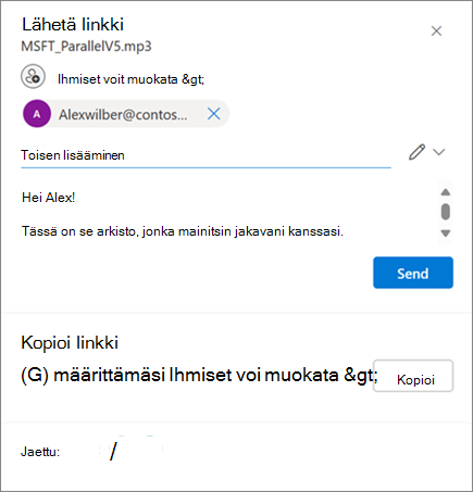 Lähetä linkki -valintaikkuna, jossa näkyvät jakamisasetukset.