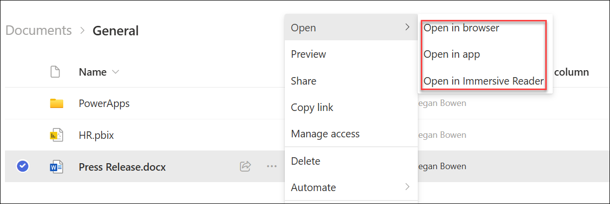 capture d’écran de trois options d’ouverture pour un document.