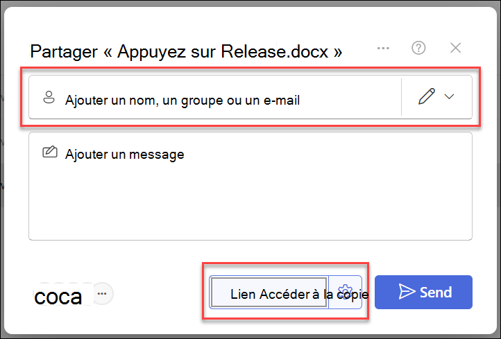 capture d’écran de deux options de partage : copier le lien et ajouter des personnes.