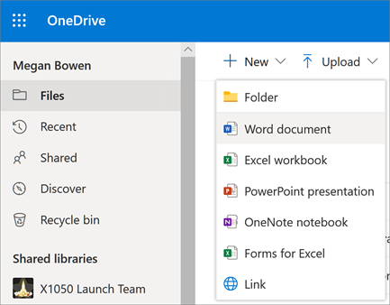 תפריט ' קובץ ' או ' תיקיה חדשה ' ב-OneDrive for Business