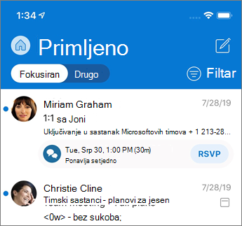 Fokusirana ulazna pošta u programu Outlook Mobile