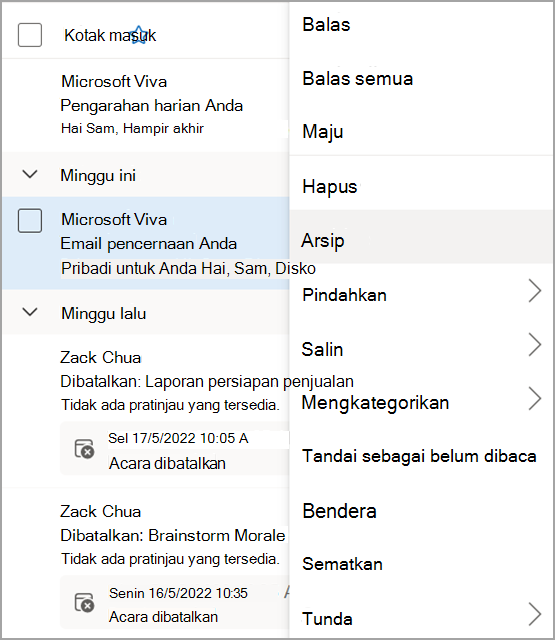 Gambar yang menampilkan arsip disorot dari menu.