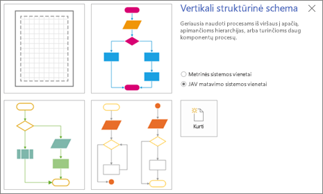 Ekrano nuotrauka, vaizduojanti ekraną Vertikalioji struktūrinė schema, rodantį šablonų ir matavimo vienetų parinktis.