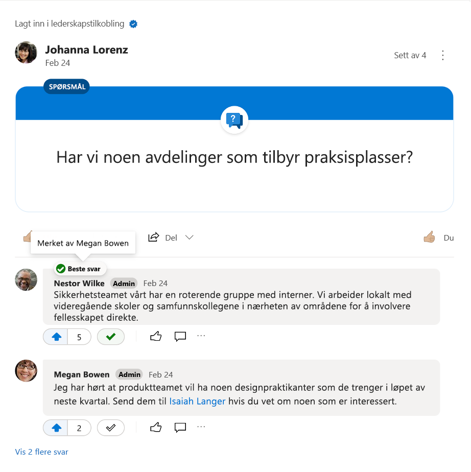 Svaret som er merket som best for et Yammer-spørsmål