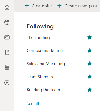 Screenshot showing the left navigation pane and the SharePoint sites you follow.