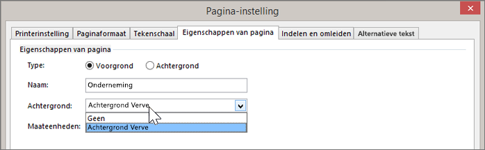 Schermopname van Pagina-instelling > Eigenschappen van pagina, waarbij de Verve-achtergrond is geselecteerd in de vervolgkeuzelijst Achtergrond