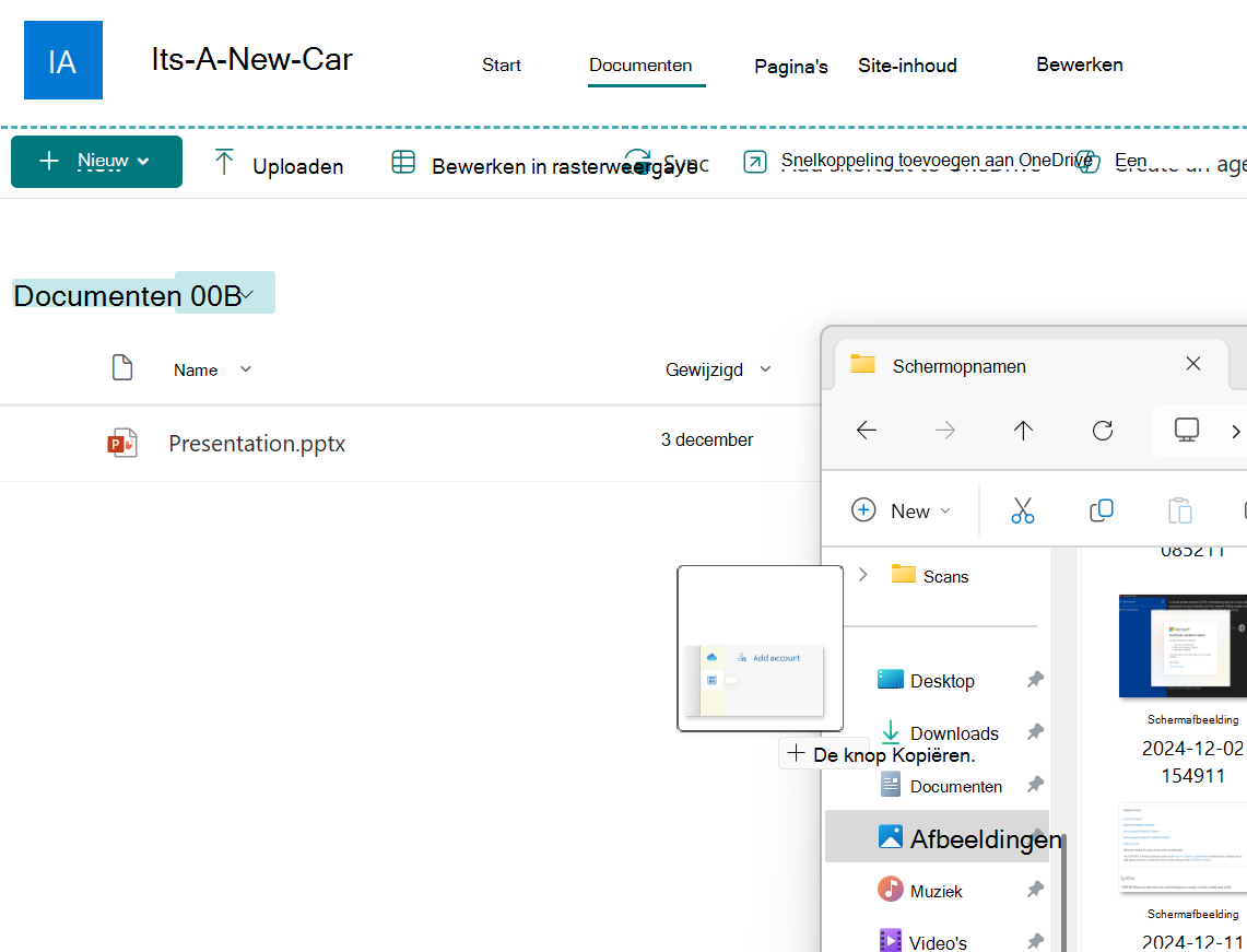 Een afbeeldingsbestand dat vanuit een Verkenner-venster naar een SharePoint-documentbibliotheek wordt gesleept
