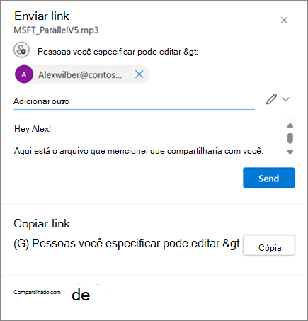 A caixa de diálogo Enviar ligação com opções de partilha apresentadas.