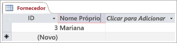 Recorte de ecrã da tabela Fornecedores a mostrar duas linhas com o ID