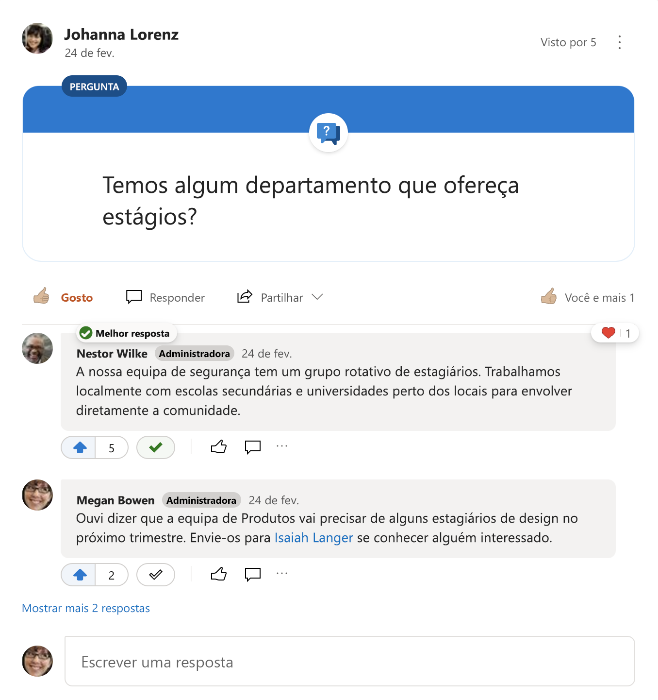 Melhor resposta a uma pergunta do Yammer