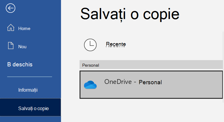 Lista de locații de pe pagina Salvați o copie a unui document Word.