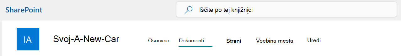 Meni zgornje vrstice SharePointovega mesta z izbrano možnostjo »Dokumenti«.