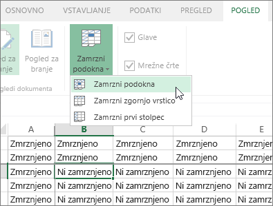 Zavihek »Ogled«, meni »Zamrzni podokna«, ukaz »Zamrzni podokna«