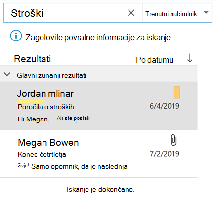 Uporaba iskanja za iskanje e-pošte v Outlooku
