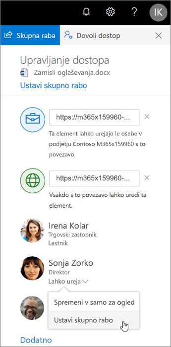 Spreminjanje ali preklic skupne rabe v storitvi OneDrive