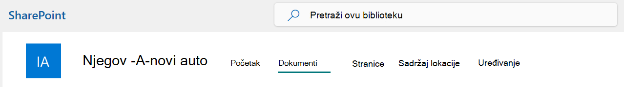 Meni gornje trake SharePoint lokacije sa izabranom opcijom Dokumenti.